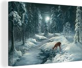 Canvas Schilderij Hert - Bos - Sneeuw - 90x60 cm - Wanddecoratie