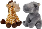 Ravensden - Safari dieren knuffels - 2x stuks - Nijlpaard en Giraffe - 15 cm