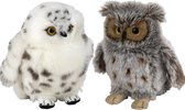 Nature Planet - Pluche uilen knuffels - 2x - Oehoe/Sneeuwuil - 18 cm