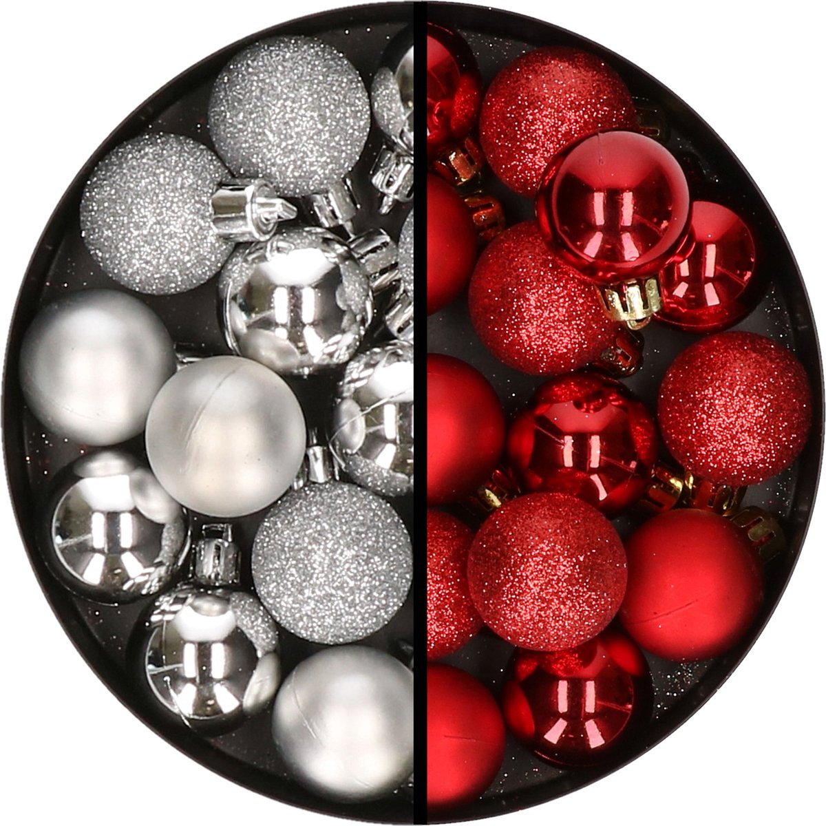 Kerstballen 34x st - 3 cm - zilver en rood - kunststof
