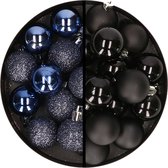 Kerstballen 36x stuks - 3 en 4 cm - donkerblauw en zwart - kunststof