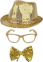 Folat Verkleedkleding set hoed/strikje/bril goud glitter volwassenen