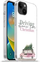 Geschikt voorApple Iphone 14 Plus - Soft case hoesje - Kerst - Driving home for Christmas - Auto - Quotes - Spreuken - Siliconen Telefoonhoesje