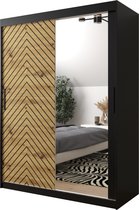 InspireMe - Kledingkast met 2 schuifdeuren, Modern-stijl, Een kledingkast met planken en een spiegel (BxHxD): 150x200x62 - LIMBA II 150 Zwart Mat + Artisan Eik met 2 lades