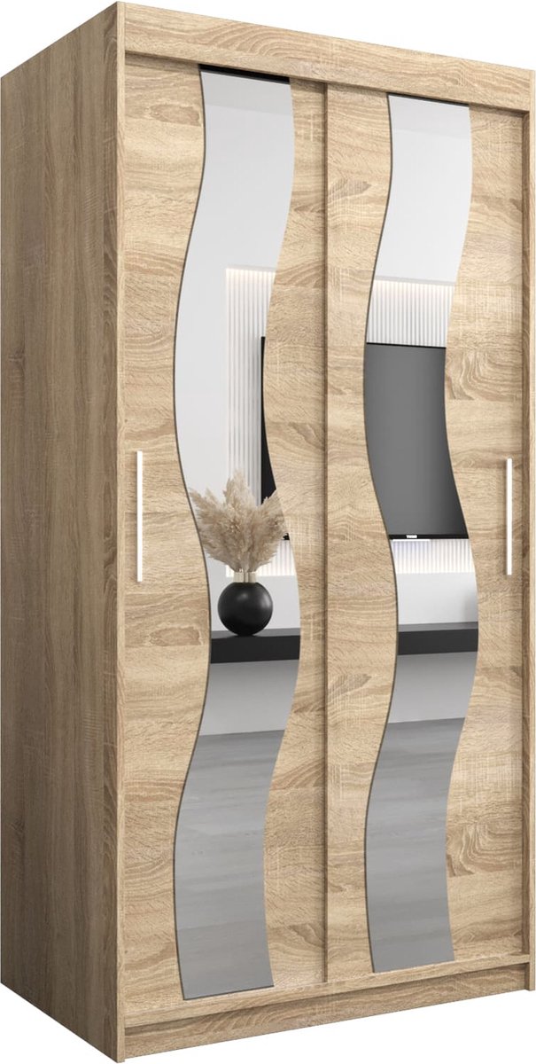 InspireME Kledingkast met 2 schuifdeuren, Modern-stijl, Een kledingkast met planken en een spiegel (BxHxD): 100x200x62 - REESE 100 Sonoma Eik met 2 lades