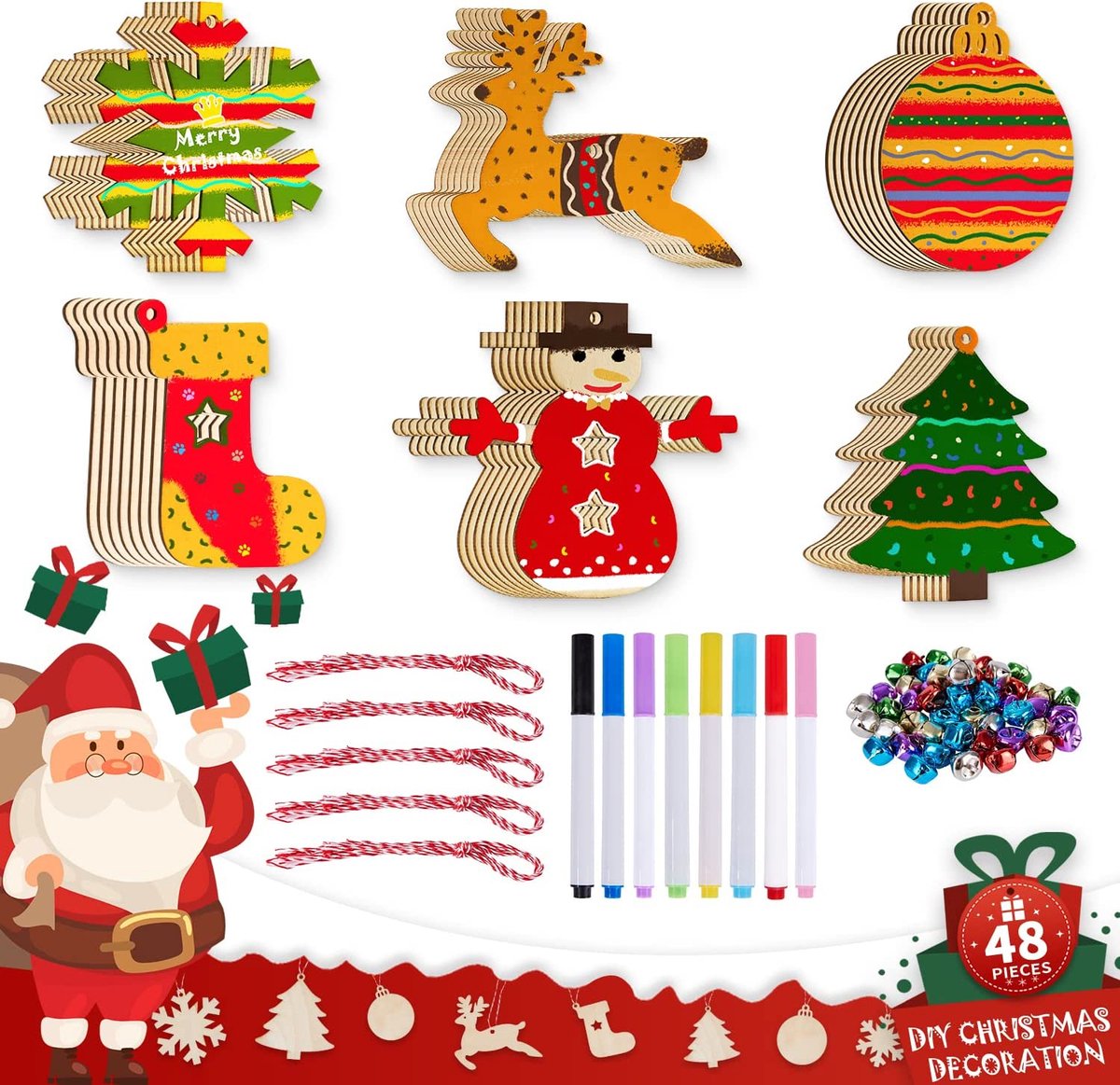 Knutselen voor kinderen, kerstknutselset, kerstdecoratie, kerstdecoratie, kerstboom, houten hanger, om te beschilderen, volwassenen (48 stuks)
