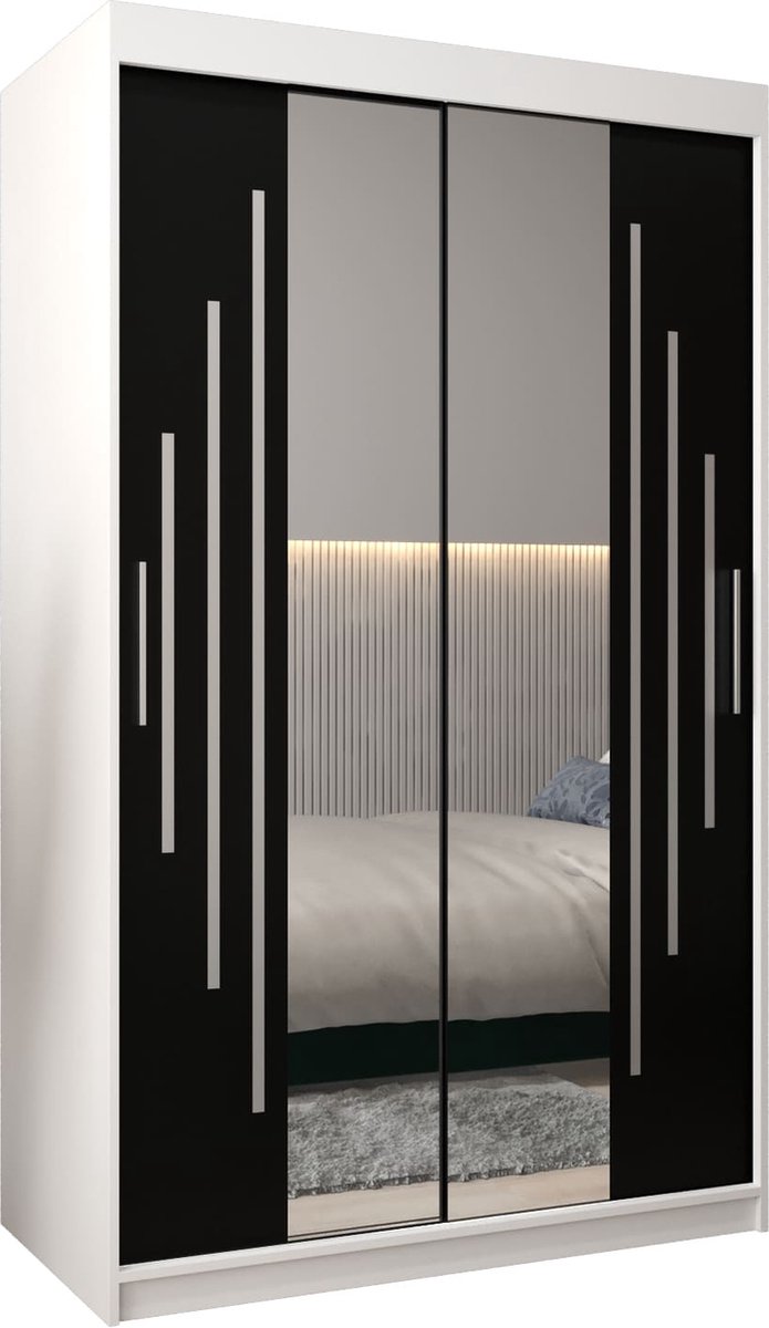 InspireME Kledingkast met 2 schuifdeuren, Modern-stijl, Een kledingkast met planken en een spiegel (BxHxD): 120x200x62 - MALTESE I 120 Wit Mat + Zwart met 2 lades