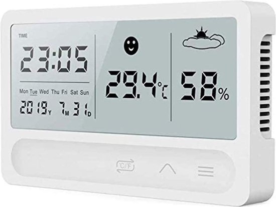 Witte digitale thermometer met grote cijfers voor tijd, temperatuur, luchtvochtigheid, datum en dag. Comfort indicator.