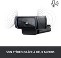 Logitech C920 webcam met twee microfoons voor stereogeluid.