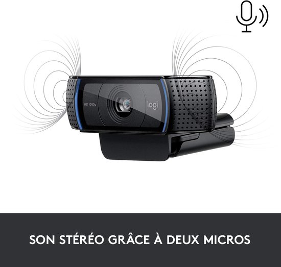 Logitech C920 webcam met twee microfoons voor stereogeluid.