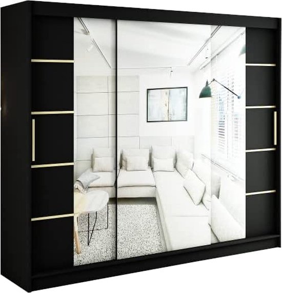 InspireMe - Kledingkast met 3 schuifdeuren, Modern-stijl, Een kledingkast met planken en een spiegel (BxHxD): 250x200x62 - KAIR V4 250 Zwart Mat + Gouden