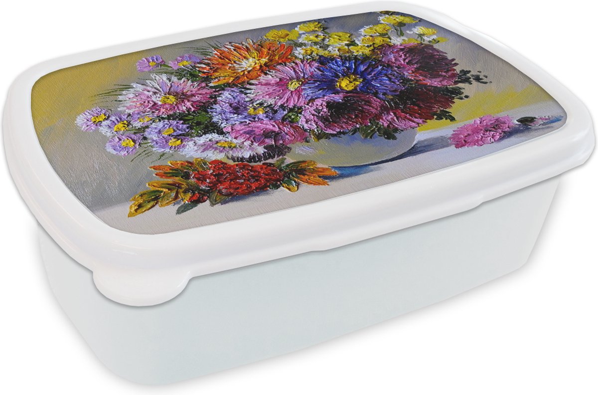 Broodtrommel Wit - Lunchbox - Brooddoos - Olieverf - Bloemen - Stilleven - 18x12x6 cm - Volwassenen