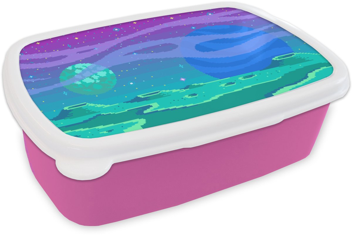 Broodtrommel Roze - Lunchbox - Brooddoos - Gaming - Pixel Art - Maan - 18x12x6 cm - Kinderen - Meisje