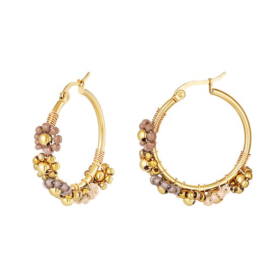 Yehwang - Oorbellen - flowerpower beads earrings - beige - stainless steel