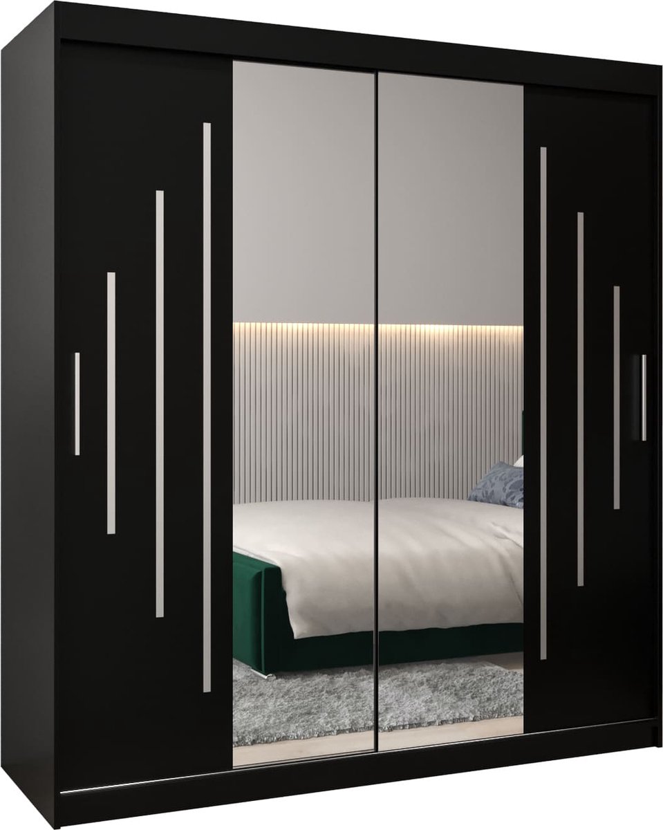 InspireME Kledingkast met 2 schuifdeuren, Modern-stijl, Een kledingkast met planken en een spiegel (BxHxD): 180x200x62 - MALTESE I 180 Zwart Mat