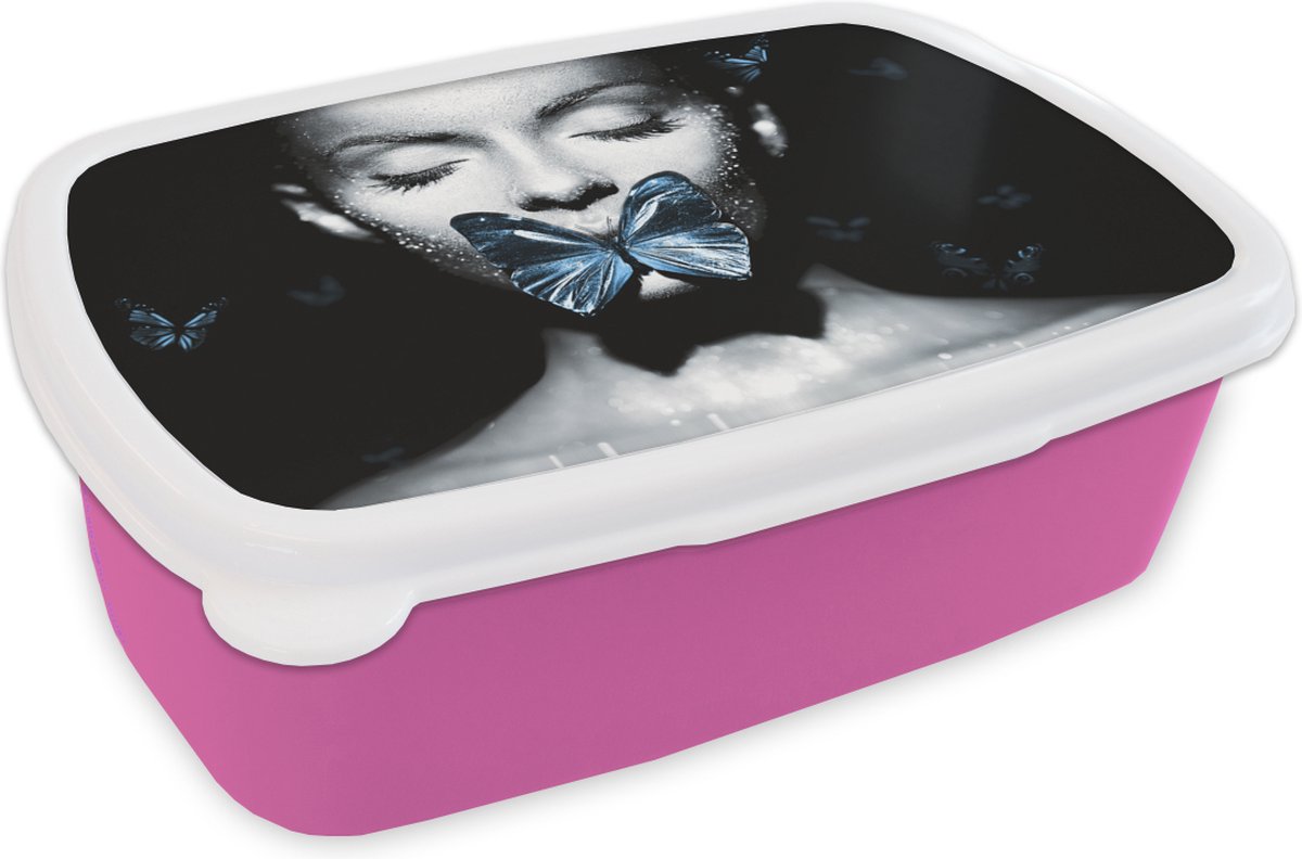 Broodtrommel Roze - Lunchbox - Brooddoos - Vrouw - Vlinder - Chic - 18x12x6 cm - Kinderen - Meisje
