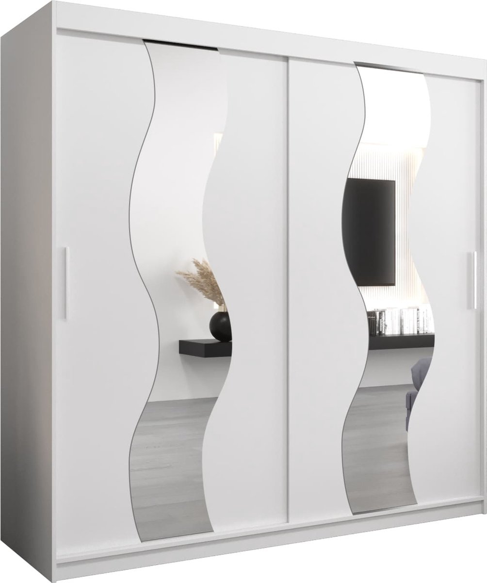 InspireME Kledingkast met 2 schuifdeuren, Modern-stijl, Een kledingkast met planken en een spiegel (BxHxD): 200x200x62 - REESE 200 Wit Mat