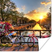 Poster Amsterdam - Bloemen - Brug - Fiets - Zonsondergang - 50x50 cm