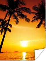 Poster Palmboom - Zonsondergang - Strand - Oranje - Tropisch - 60x80 cm