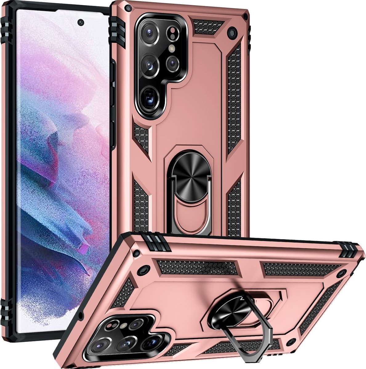 Mobigear Hoesje geschikt voor Samsung Galaxy S23 Ultra Telefoonhoesje Hardcase | Mobigear Armor Ring Backcover Shockproof met Ringhouder | Schokbestendig Galaxy S23 Ultra Telefoonhoesje | Anti Shock Proof - Roségoud
