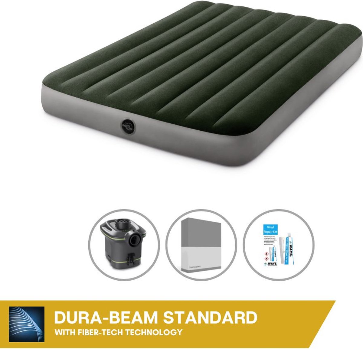 Intex Luchtbed - Twijfelaar - 137 x 191 x 25 cm - Groen - Met pomp + Hoeslaken Antraciet + Reparatieset