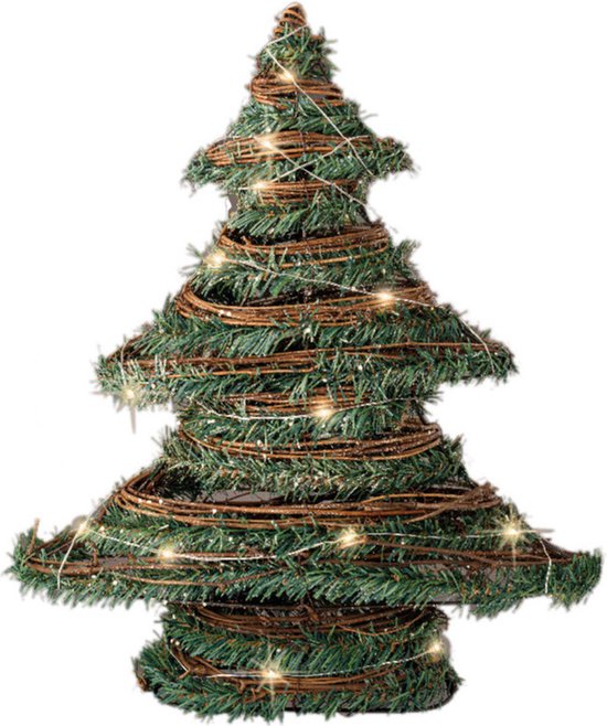 Kerstdecoratie rotan decoratie kerstboom groen met verlichting H40 cm - Kerstversiering kerstbomen met licht