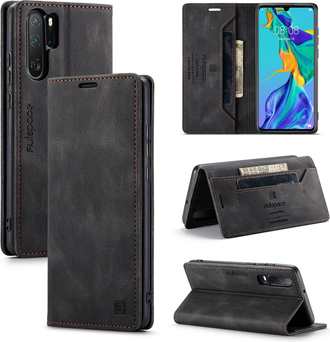 Luxe Flip Case met RFID Bescherming Kaarthouder en Magneetsluiting voor Huawei P30 Pro / P30 Pro New Edition _ Zwart