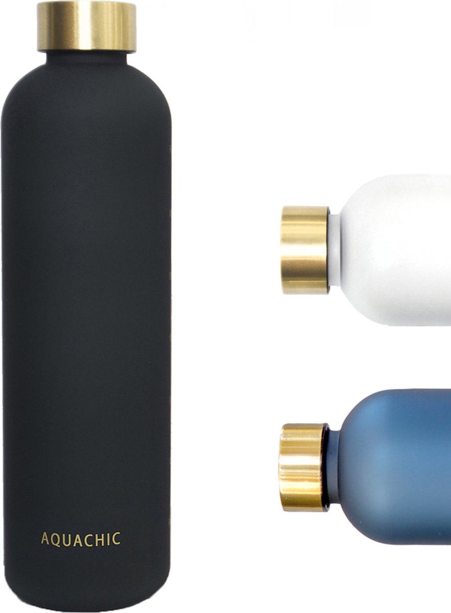 Aquachic - 1L Waterfles met 2 doppen en tijdsmarkeringen - Lekvrij & licht - Duurzaam - Nederlands merk - Drink fles / Bidon- Zwart 1 liter