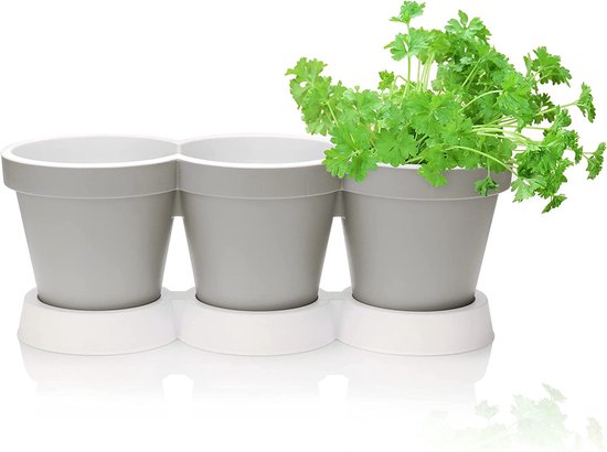 Xingsky Kruidenpotten, 3-delige set, grijs, bloempotirrigatiesysteem met zelfbewatering en waterreservoir, voor kamerplanten, bloemen en kruiden, keuken, balkon, slaapkamer