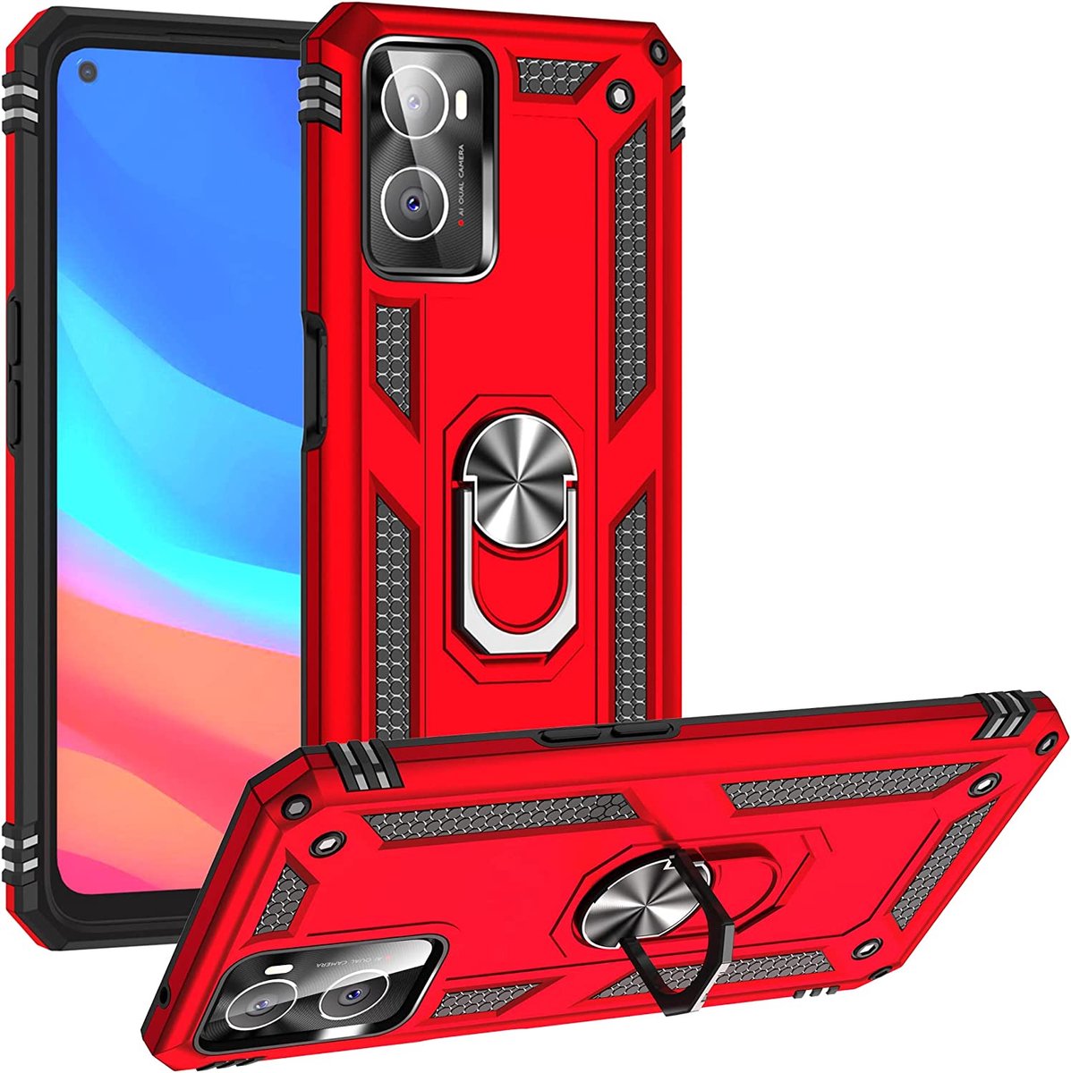 Anti-Shock Hybrid Ring Armor Hoesje Geschikt voor: Oppo A76 - rood