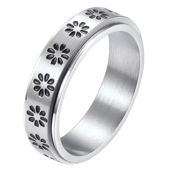 Ring d'anxiété - (Fleurs) - Anneau de stress - Ring Fidget - Ring rotatif - Ring Ring - Ring Spinner - Plaqué Argent - (21,25 mm / taille 67)