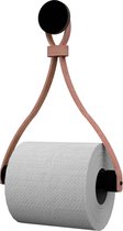 Porte-rouleau de papier toilette en cuir ' Triangle' - avec ventouse et vis - Handles and more® | BLANC - porte-rouleau : Bois rond - pommeau : Zwart