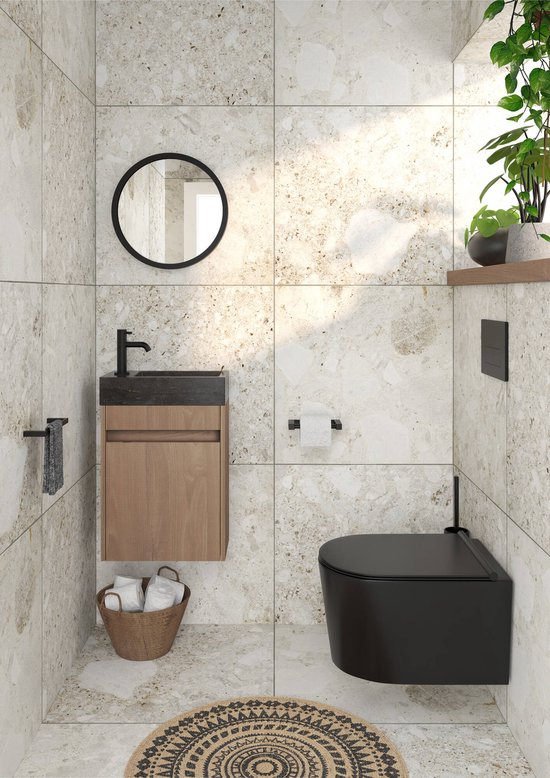 Saqu Florence Toiletmeubel - 40x22x60 cm - Voorgemonteerd - in Toffee met Fontein Links - Fonteinmeubel - WC Kastje - WC Meubel
