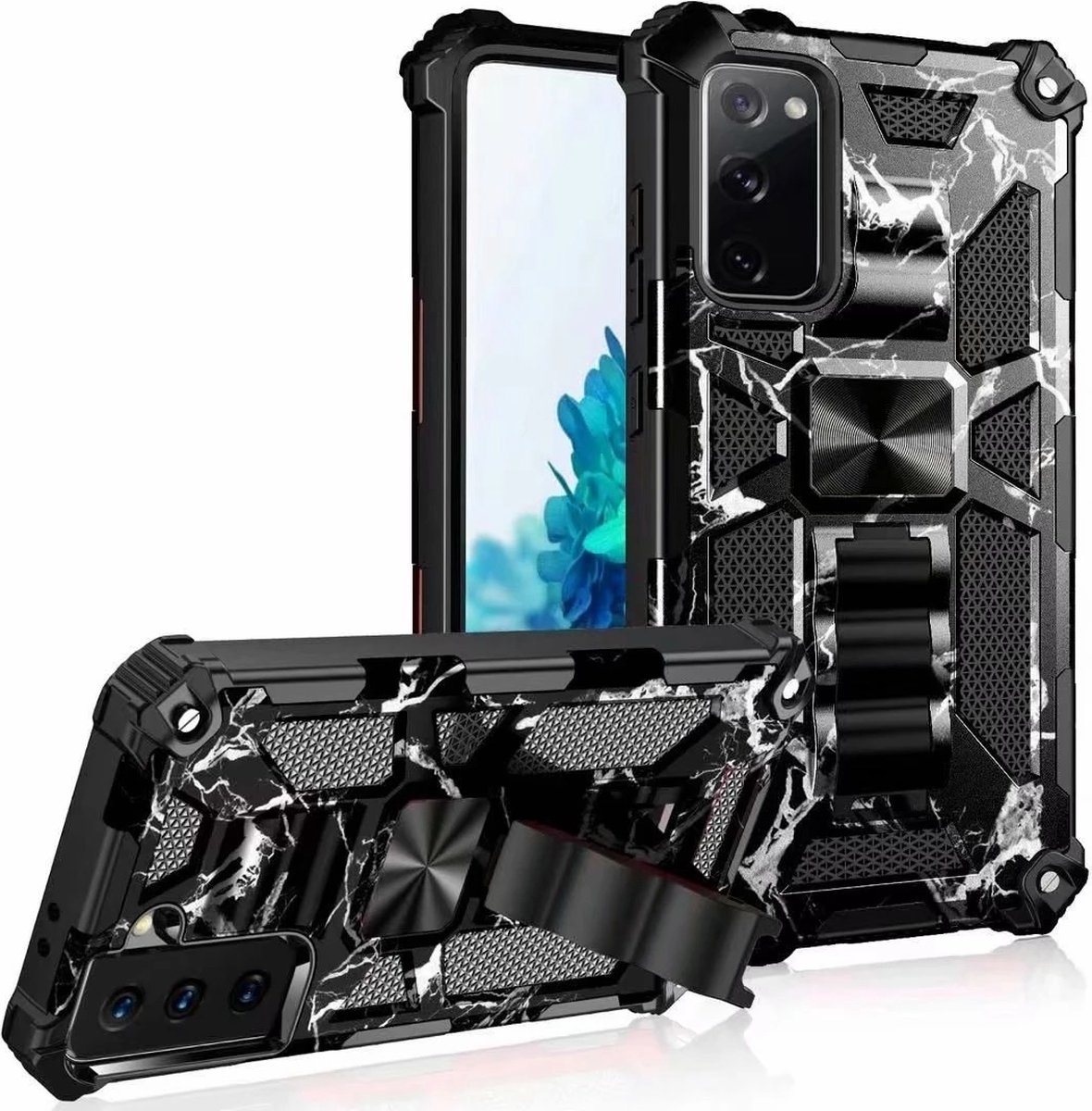 Hoesje Geschikt Voor Samsung Galaxy S21 Ultra hoesje rugged extreme backcover met ring houder Camouflage Marmer - Zwart