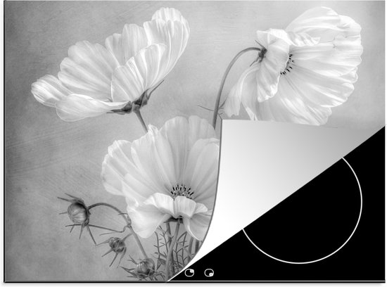 KitchenYeah® Inductie beschermer 77x59 cm - Stilleven - Bloemen - Zwart wit - Klaproos - Botanisch - Kookplaataccessoires - Afdekplaat voor kookplaat - Inductiebeschermer - Inductiemat - Inductieplaat mat