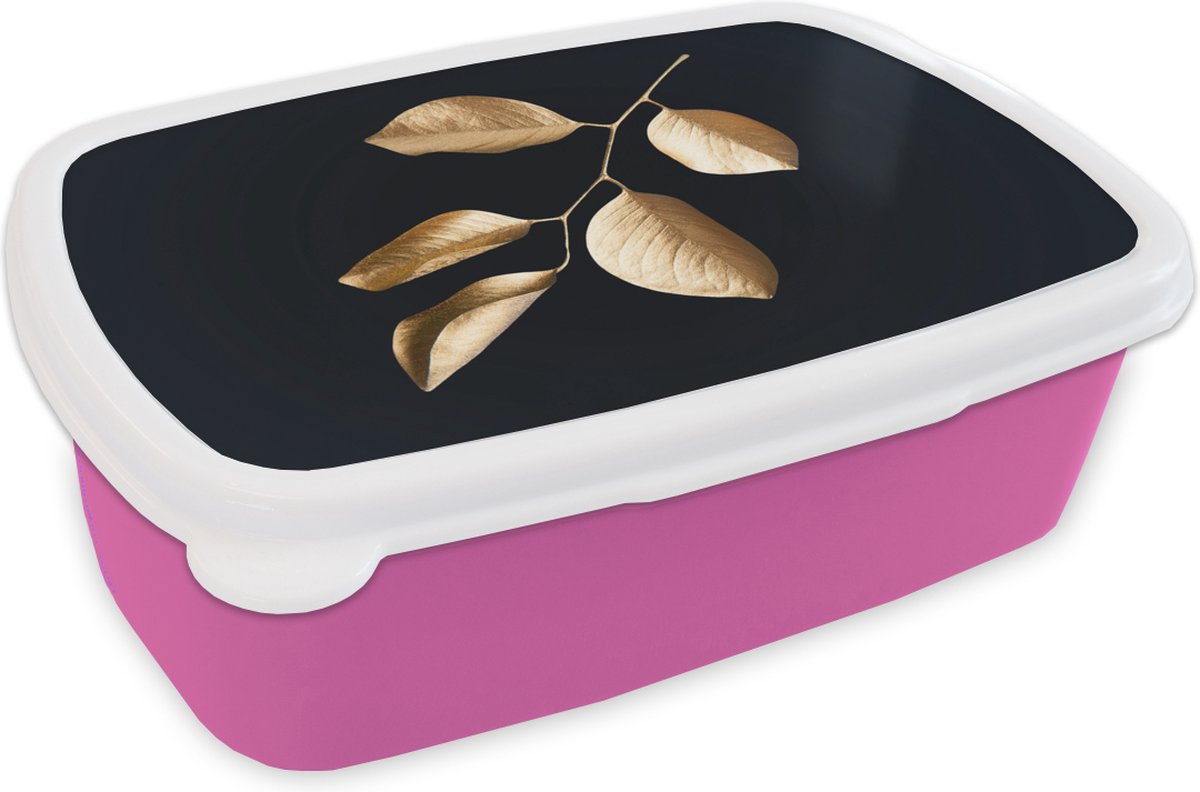 Broodtrommel Roze - Lunchbox - Brooddoos - Bladeren - Tak - Goud - Luxe - 18x12x6 cm - Kinderen - Meisje