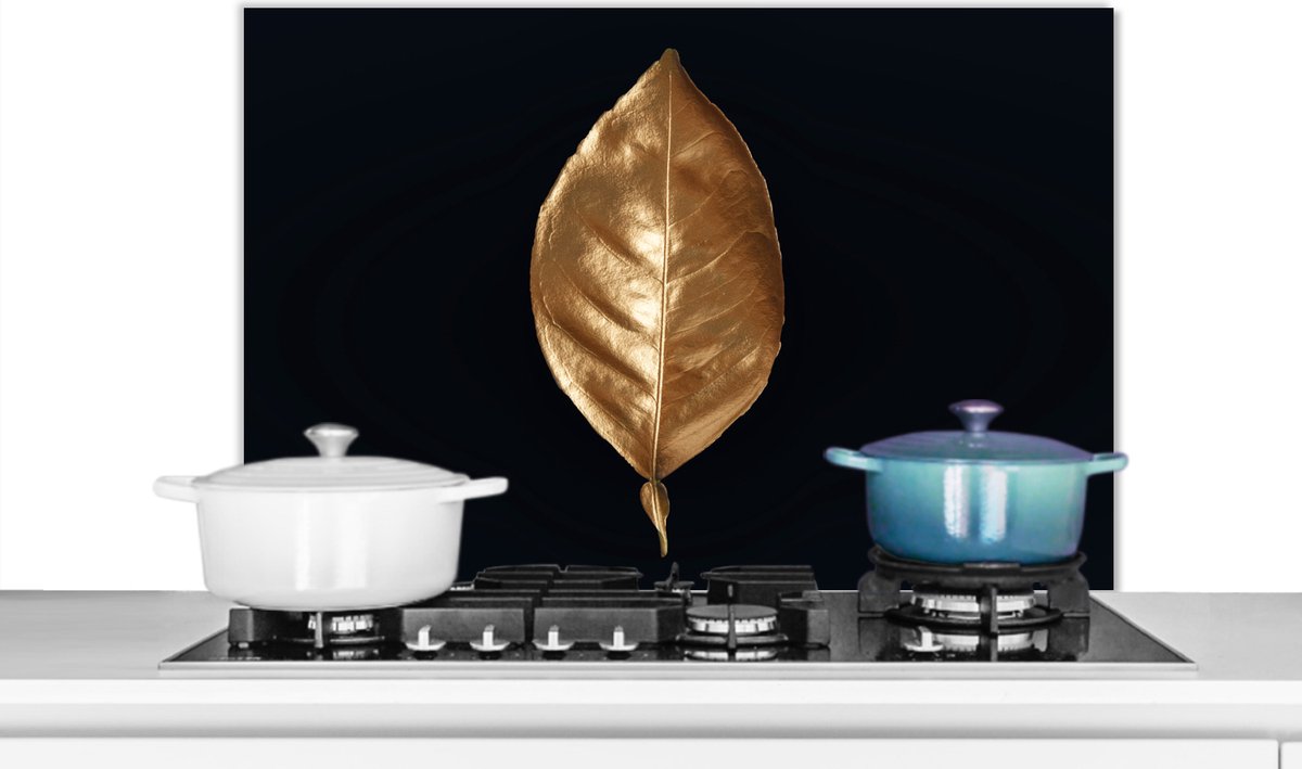 Spatscherm keuken 80x55 cm - Kookplaat achterwand Bladeren - Chic - Goud - Planten - Zwart - Muurbeschermer - Spatwand fornuis - Hoogwaardig aluminium