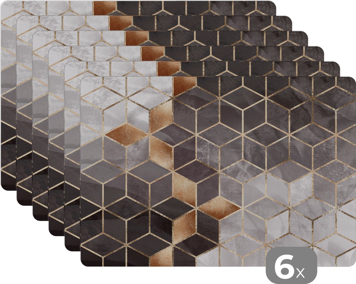 Placemat - Luxe - Kubus - Vorm - Patronen - Goud - Abstract - Tafel - Onderleggers - 45x30 cm - 6 stuks