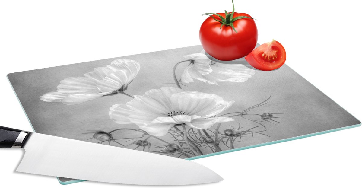 Glazen Snijplank - 28x20 - Stilleven - Bloemen - Zwart wit - Klaproos - Botanisch - Snijplanken Glas