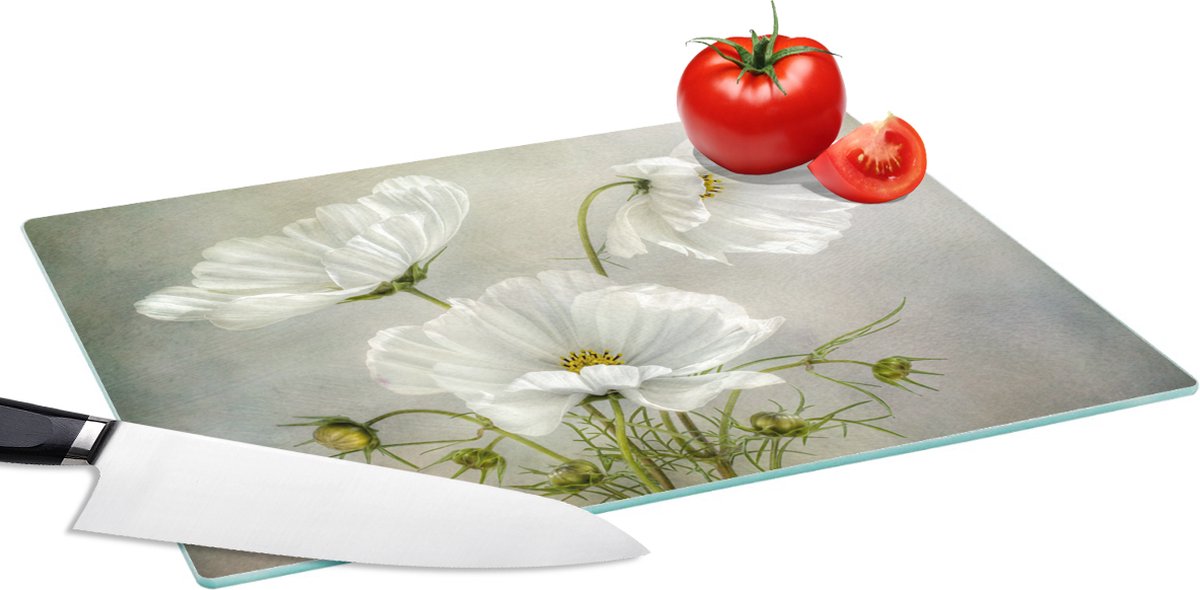 Glazen Snijplank - 39x28 - Bloemen - Stilleven - Klaproos - Wit - Botanisch - Snijplanken Glas