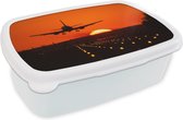 Broodtrommel Wit - Lunchbox - Brooddoos - Zonsondergang - Vliegtuig - Oranje - Zon - 18x12x6 cm - Volwassenen