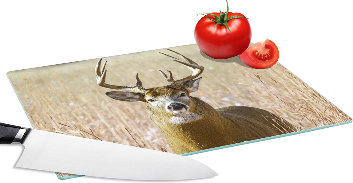 Glazen Snijplank - 28x20 - Hert - Gras - Herfst - Dieren - Natuur - Gewei - Snijplanken Glas