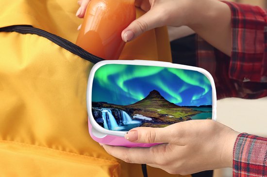 Lunch box Rose - Lunch box - Boîte à pain - Aurores boréales - Ciel étoilé - Islande - Berg - Vert - Cascade - Lac - 18x12x6 cm - Enfants - Fille
