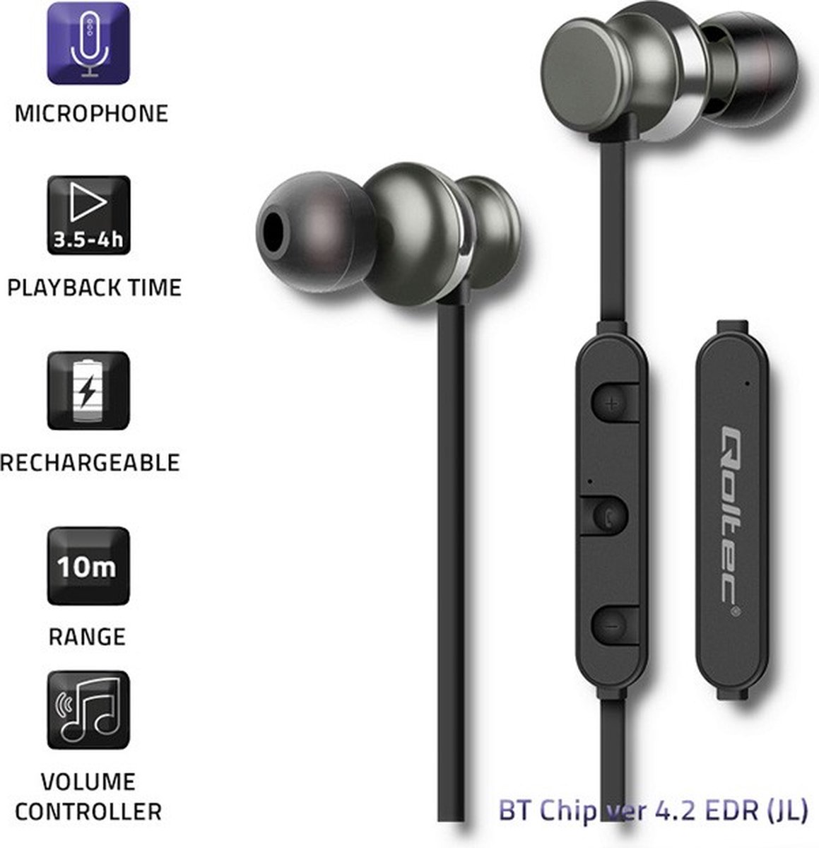 Qoltec Premium In-ear koptelefoon draadloos BT met microfoon | Magnetisch | Zwart.