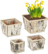 Relaxdays bloempot hout - set van 4 - plantenpot woonkamer - kleine sierbak - voordeur