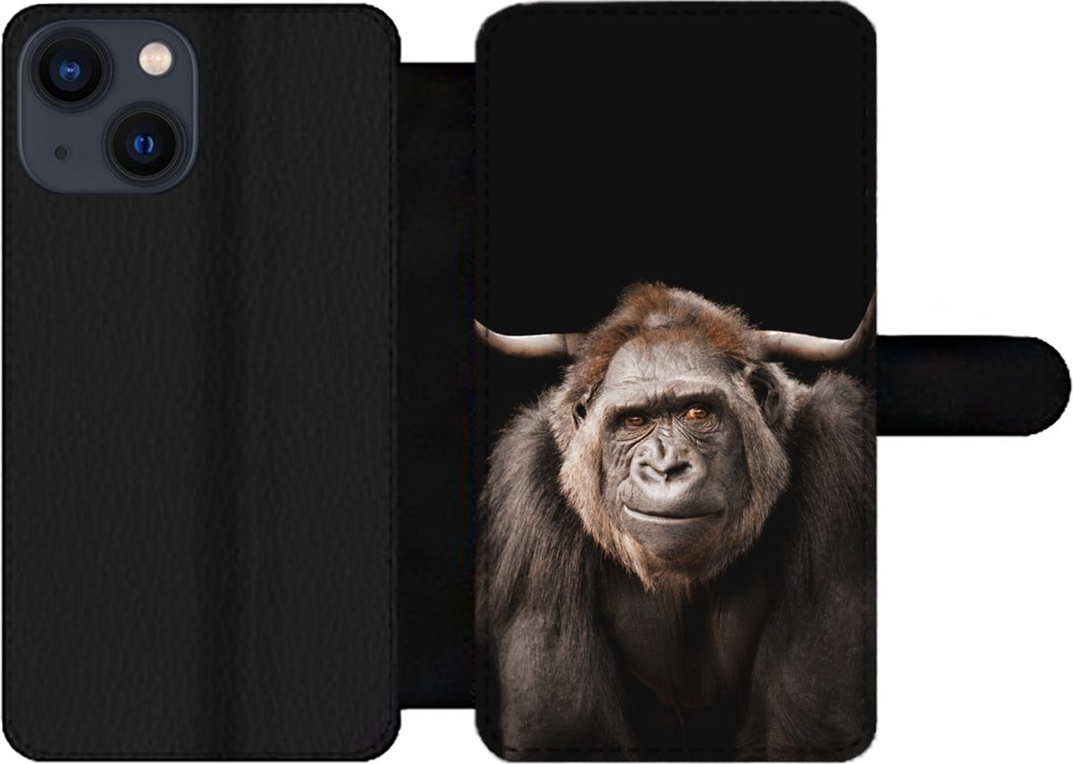 Telefoonhoesje Geschikt voor iPhone 13 Mini telefoonhoesje - Aap - Schotse hooglander - Zwart - Met vakjes - Wallet case met magneetsluiting