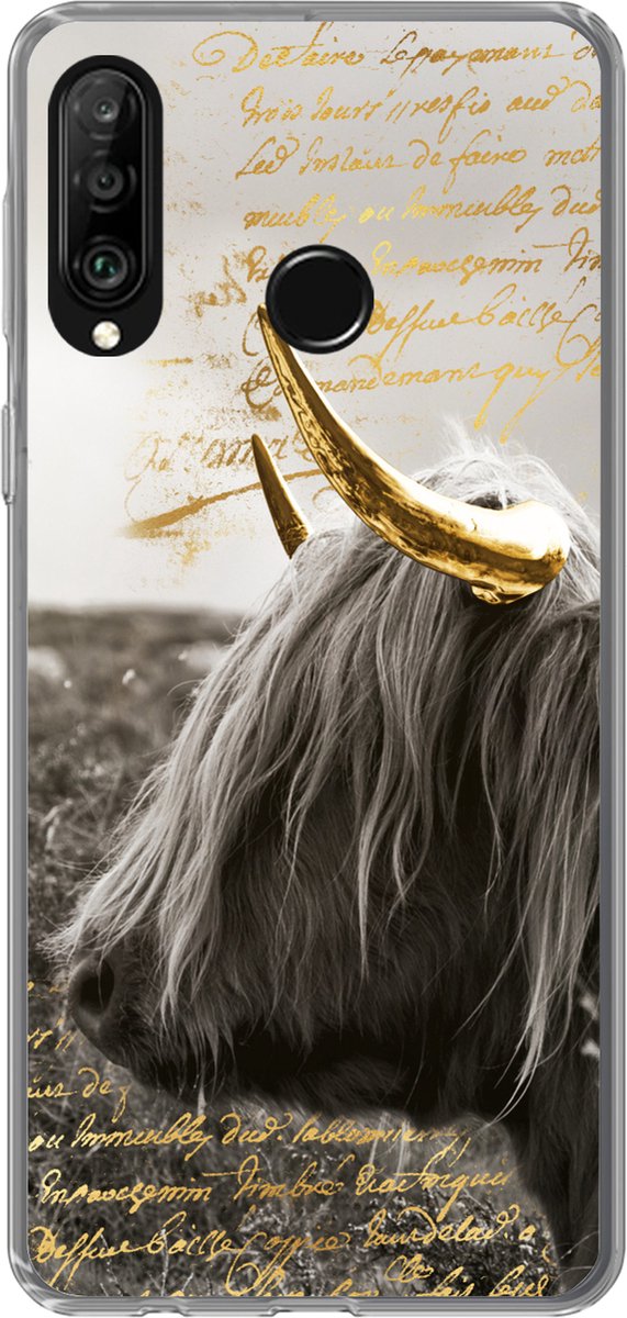 Telefoonhoesje Geschikt voor Huawei P30 Lite hoesje - Schotse hooglander - Goud - Hoorn - Siliconen Telefoonhoesje Telefoonhoesje