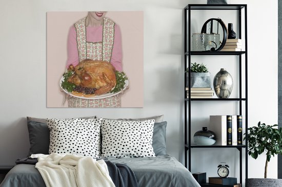 Une femme avec une dinde pour le dîner de Thanksgiving toile 90x90 cm - Tirage photo sur toile (Décoration murale salon / chambre)
