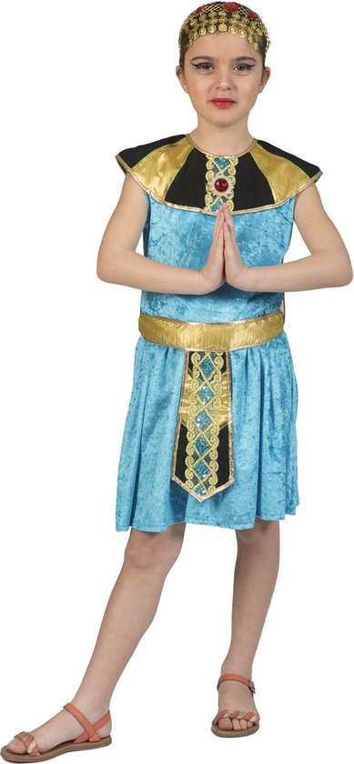 Funny Fashion - Egypte Kostuum - Cleopatra Van Egypte Farao - Meisje - Blauw, Goud - Maat 116 - Carnavalskleding - Verkleedkleding