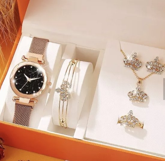 Horlogebox voor dames - geschenkdoos - cadeau set met horloge - oorbellen - ketting - ring - armband - valentijn cadeautje voor haar - goud - silver